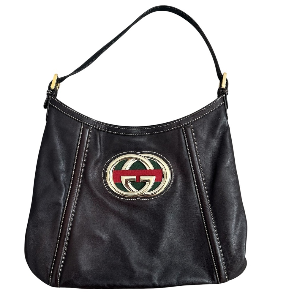 Gucci dark brownLeather Hobo with Red and Green Logo and Gold Hardware